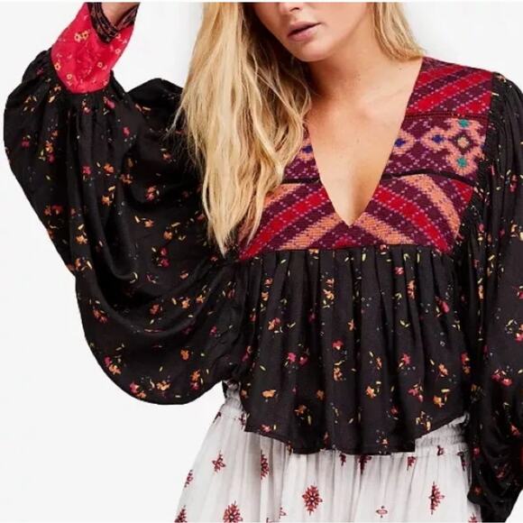 Free People Lady Lou embroidered peasant blouse floral bishop sleeve boho small - Picture 11 of 11